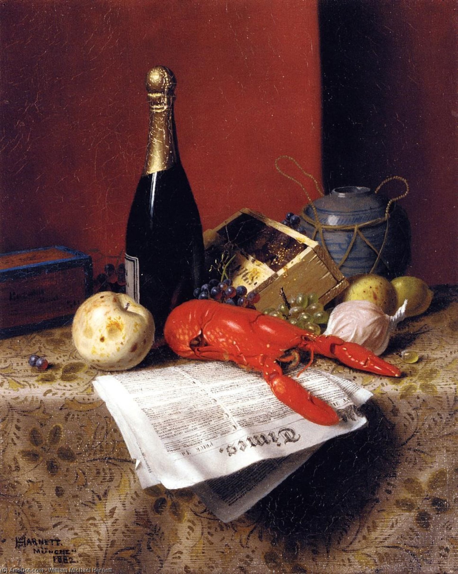 Still Life With Lobster, Fruit, Champagne And Newspaper — William Michael Harnett