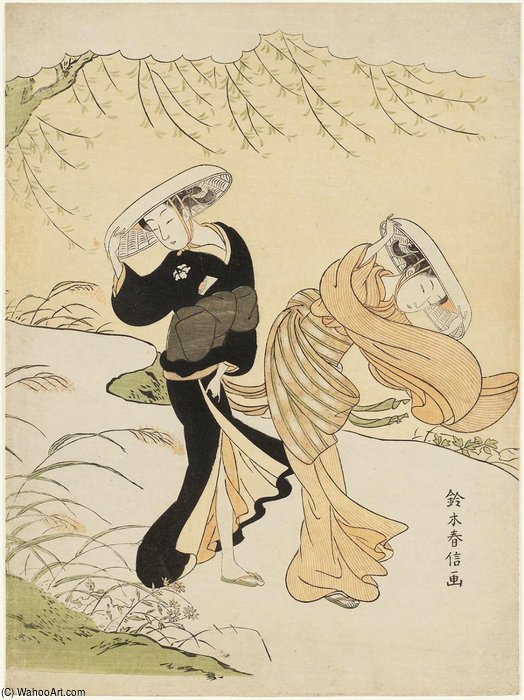 Two Girls Walking On A Windy Day — Suzuki Harunobu