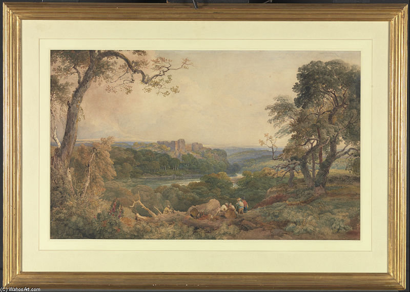 Castle Above A River, Woodcutters In The Foreground — Peter De Wint