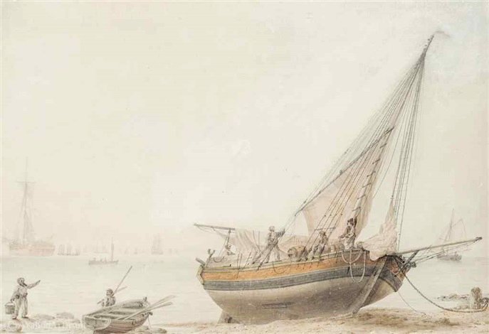 A Beached Trading Vessel At Low Tide With Figures Tending To The Rigging — Samuel Atkins