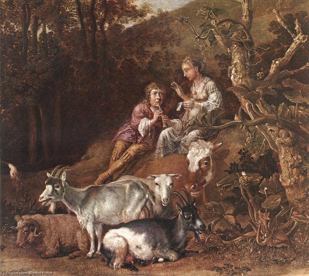 Landscape With Shepherdess And Shepherd Playing Flute (detail) — Paulus Potter