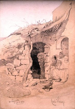 Three Figures Seated Outside A House — Carl Haag