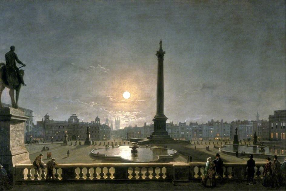 Northumberland House And Whitehall From The North Side Of Trafalgar Square, London, By Moonlight — Henry Pether