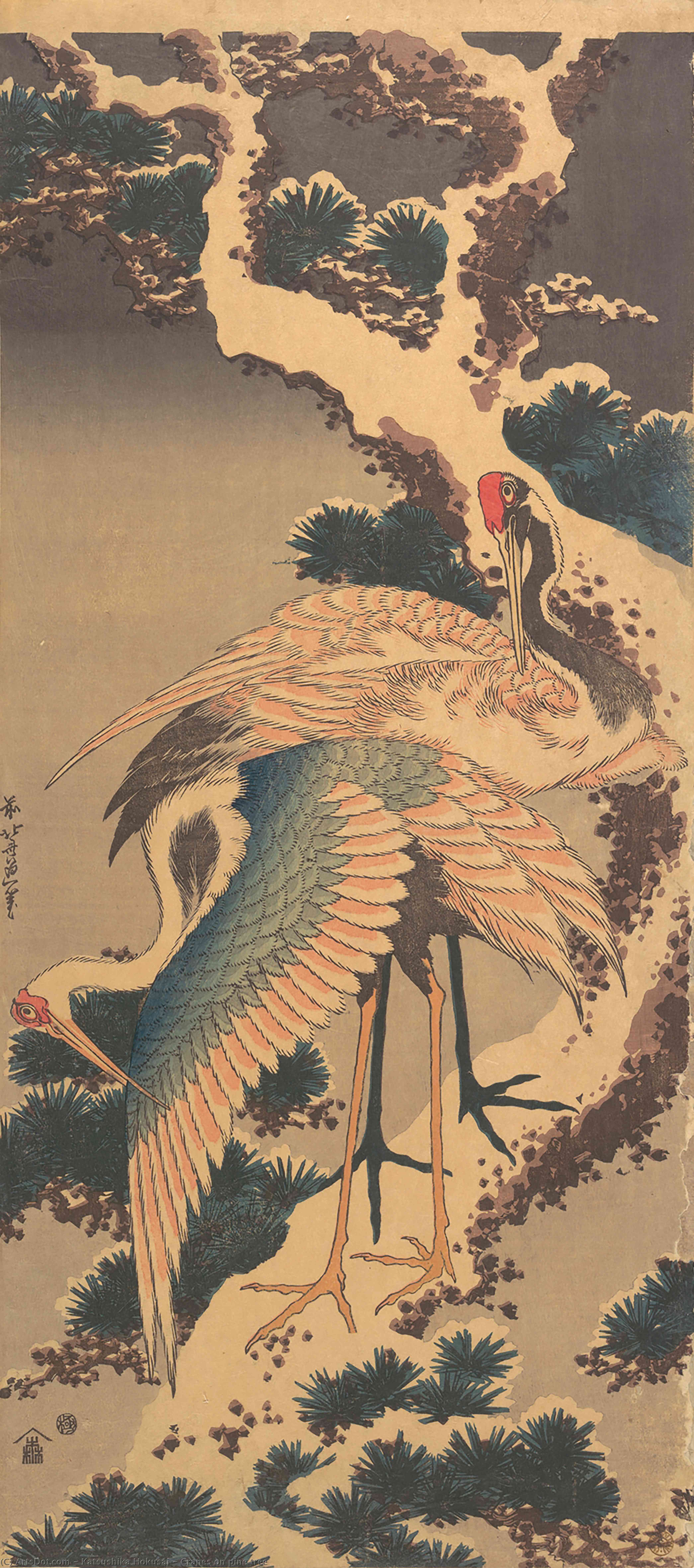 Grullas En Un Pino — Katsushika Hokusai
