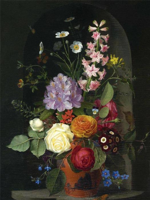Otto Didrik Ottesen A Bouquet In A Wedgwood Rosso Antico Vase, Set In A Niche — オット・ディドリク・オッテセン