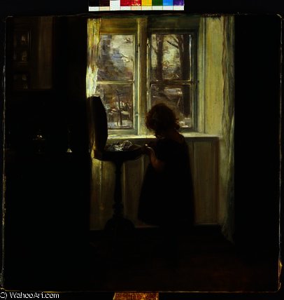 A Girl Standing By A Sewing Table — Carl Vilhelm Holsoe