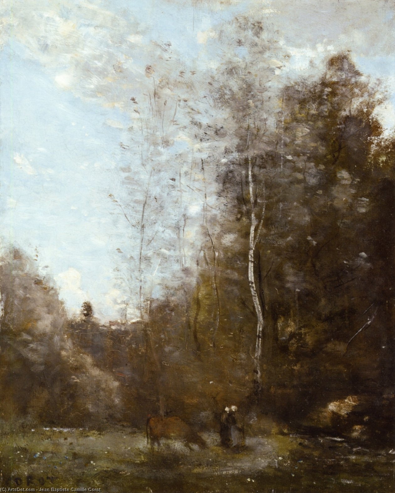 Eine Weidende Kuh Unter Einer Birke — Jean-baptiste-camille Corot