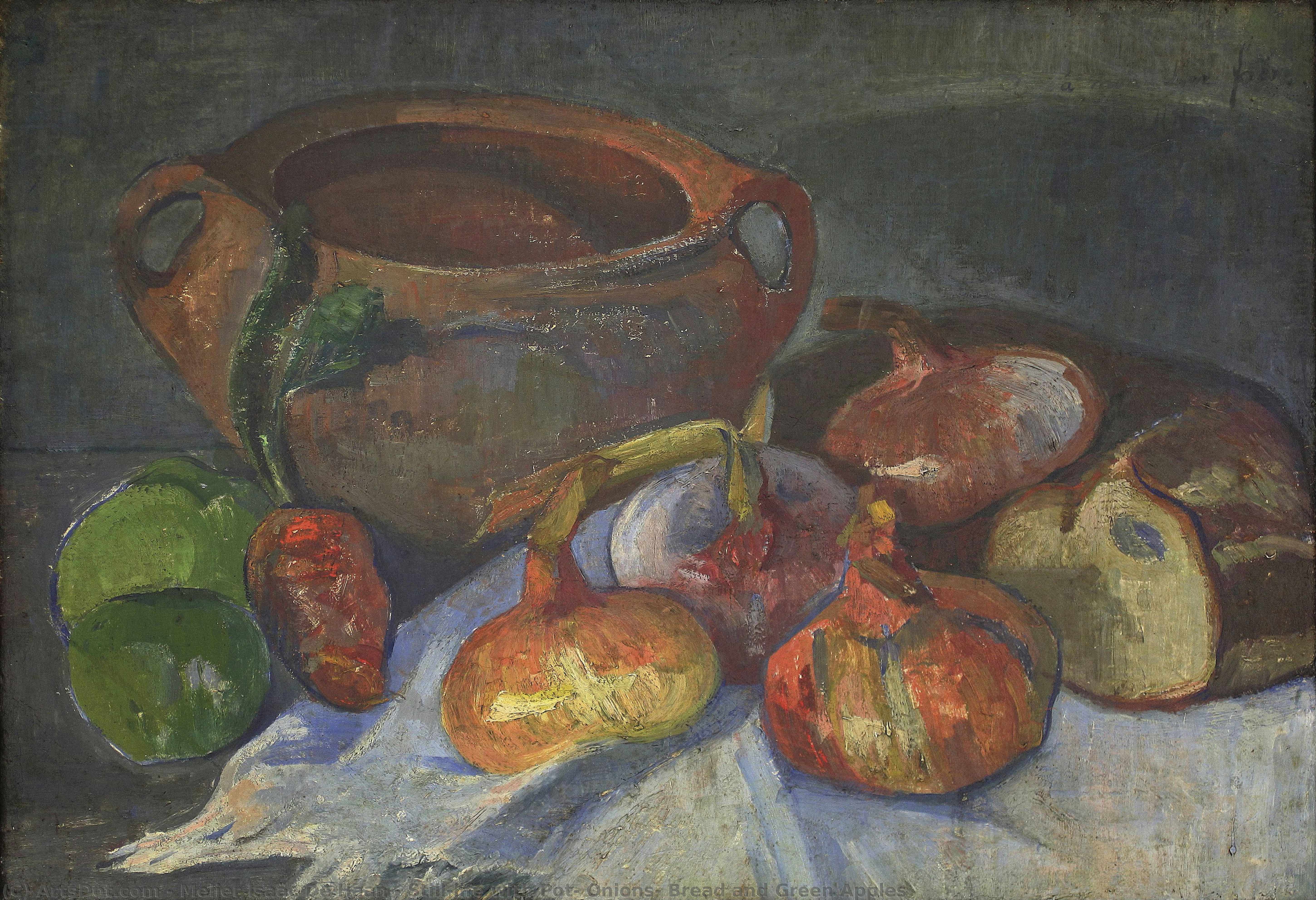 Still-life With Pot, Onions, Bread And Green Apples — Meijer Isaäc De Haan