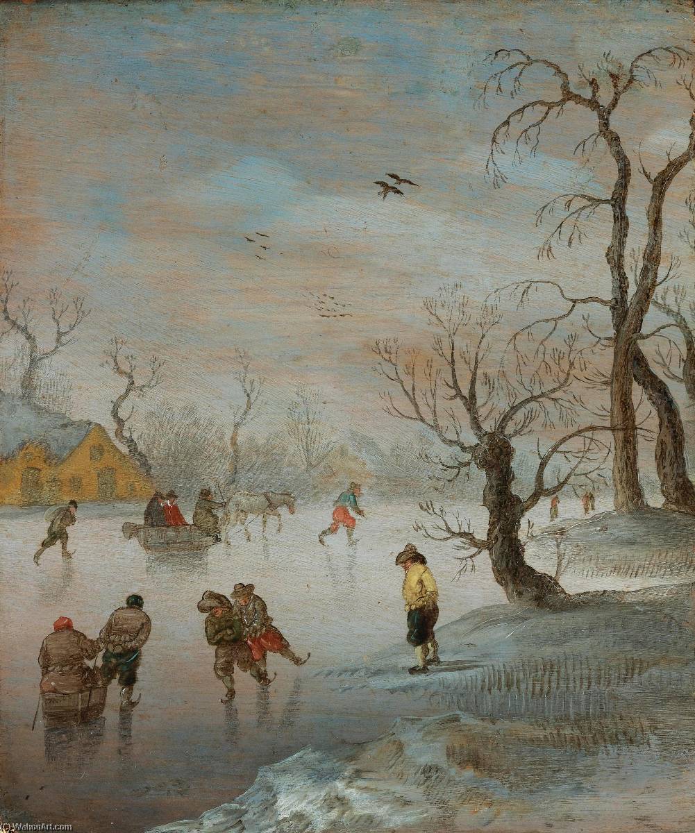 Skaters And A Horse Drawn Sledge On A Frozen Waterway — Anthonie Verstraelen