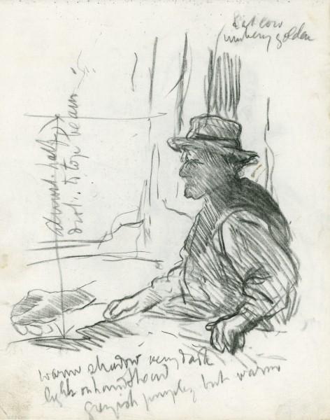 Sketch Of A Seated Man In A Hat For 'interior Of An Old Barn' 1 — Sir George Clausen