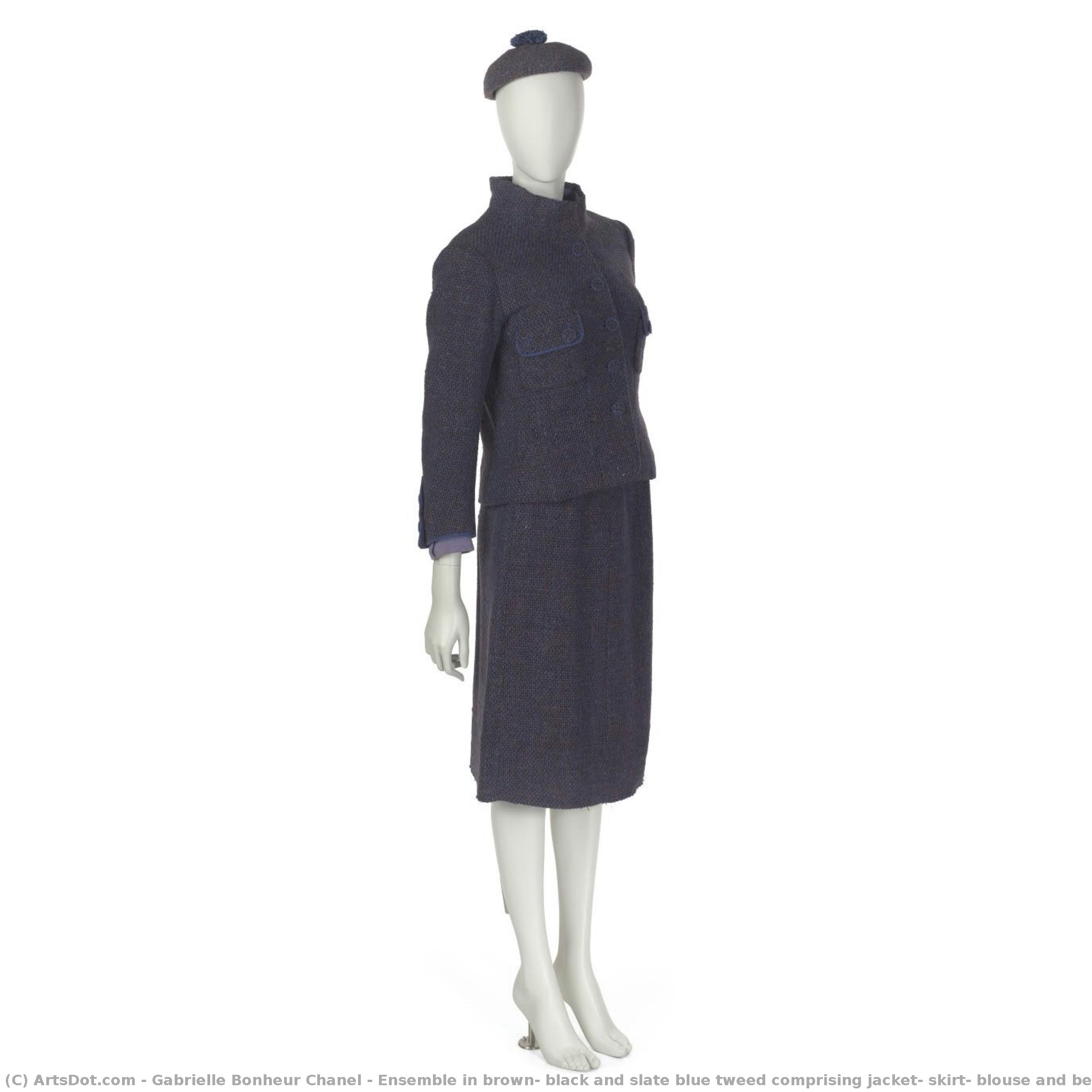 Ensemble In Brown, Black And Slate Blue Tweed Comprising Jacket, Skirt, Blouse And Beret — Coco Chanel