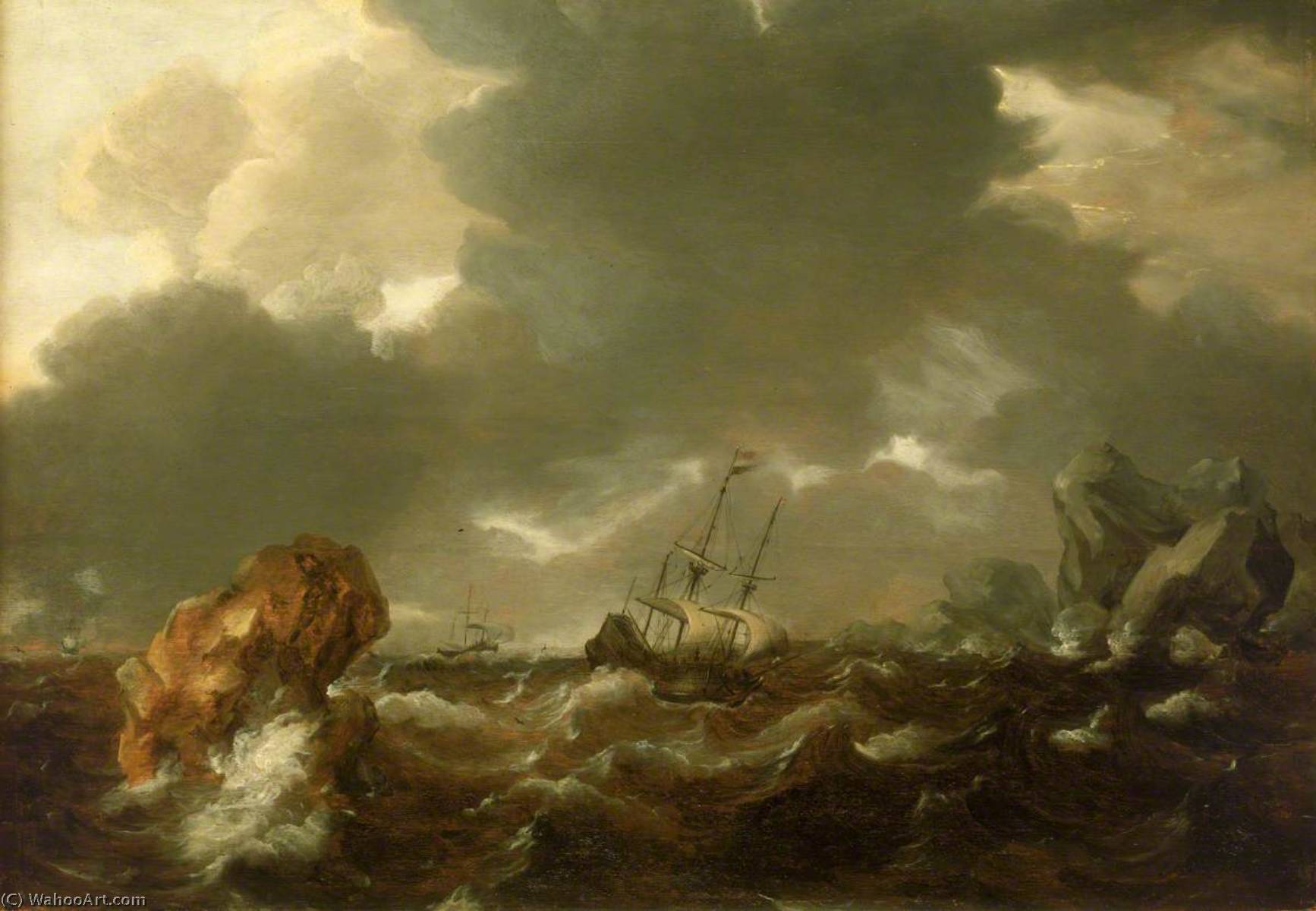 A Dutch Merchant Ship Running Between Rocks In Rough Weather — Willem Van De Velde Der Ältere