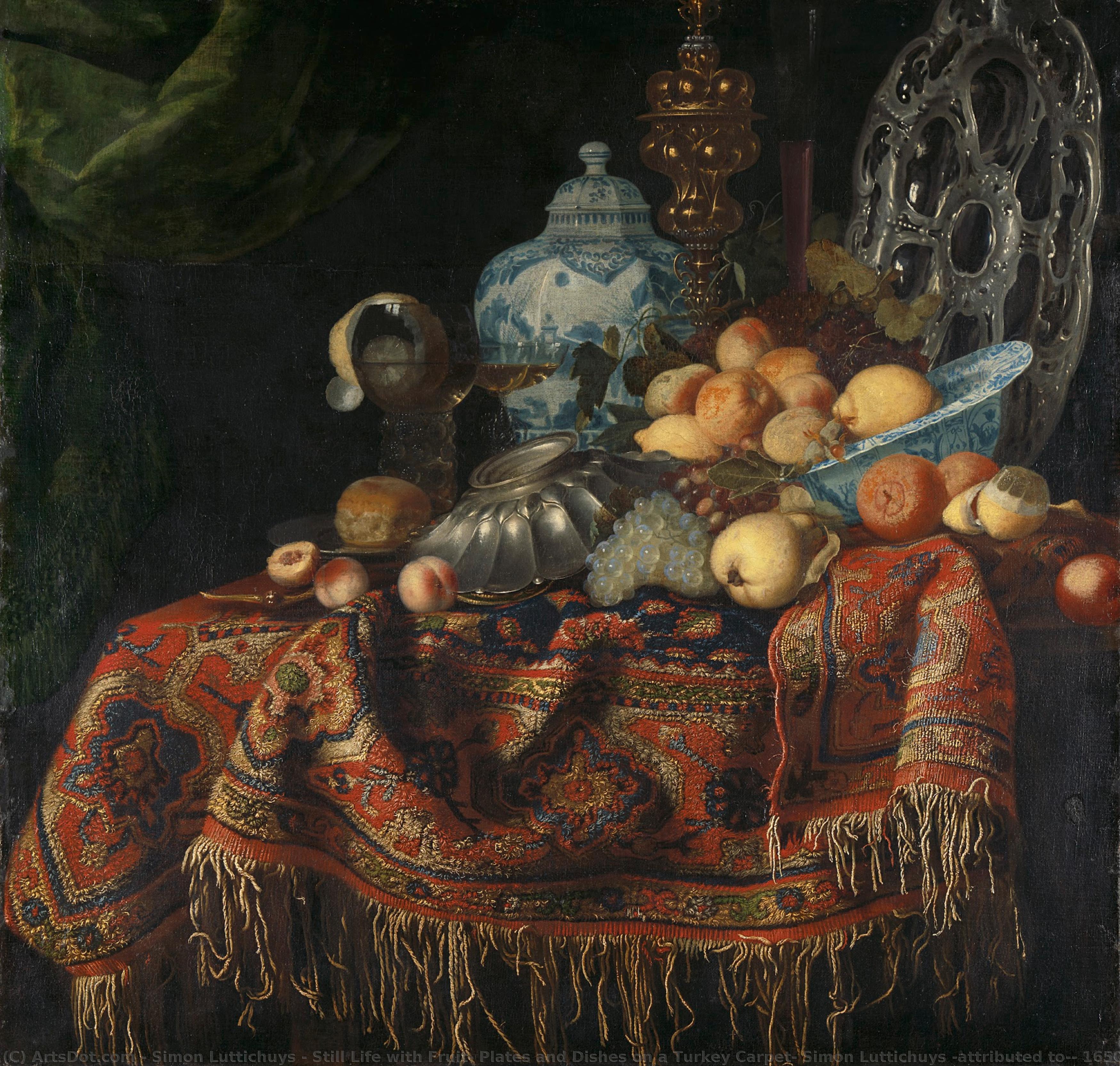 Still Life With Fruit, Plates And Dishes On A Turkey Carpet, Simon Luttichuys (attributed To), 1650 - 1680 — Simon Luttichuys