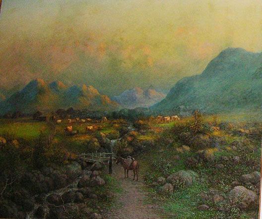 Western Pioneer Ranch Scene With Cattle And Log Cabins, (painting) — John Olson Hammerstad