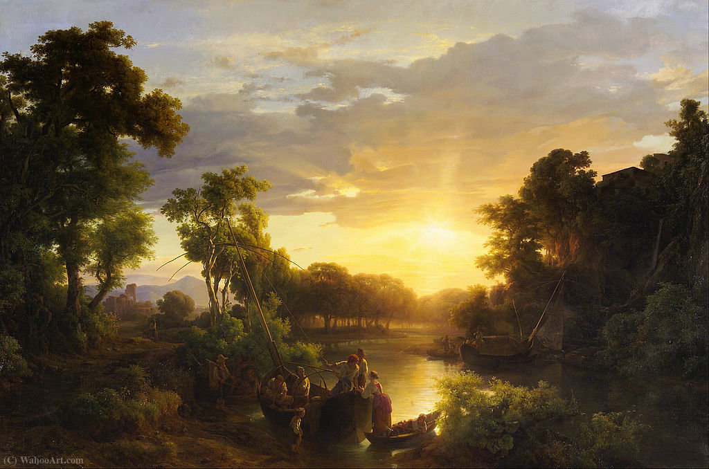 Italian Landscape At Sunset With Fishermen — Károly Markó The Younger