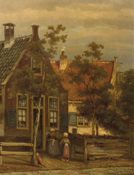 Dutch Street Scene With Mother And Child — Johannes Hermann Barend Koekkoek