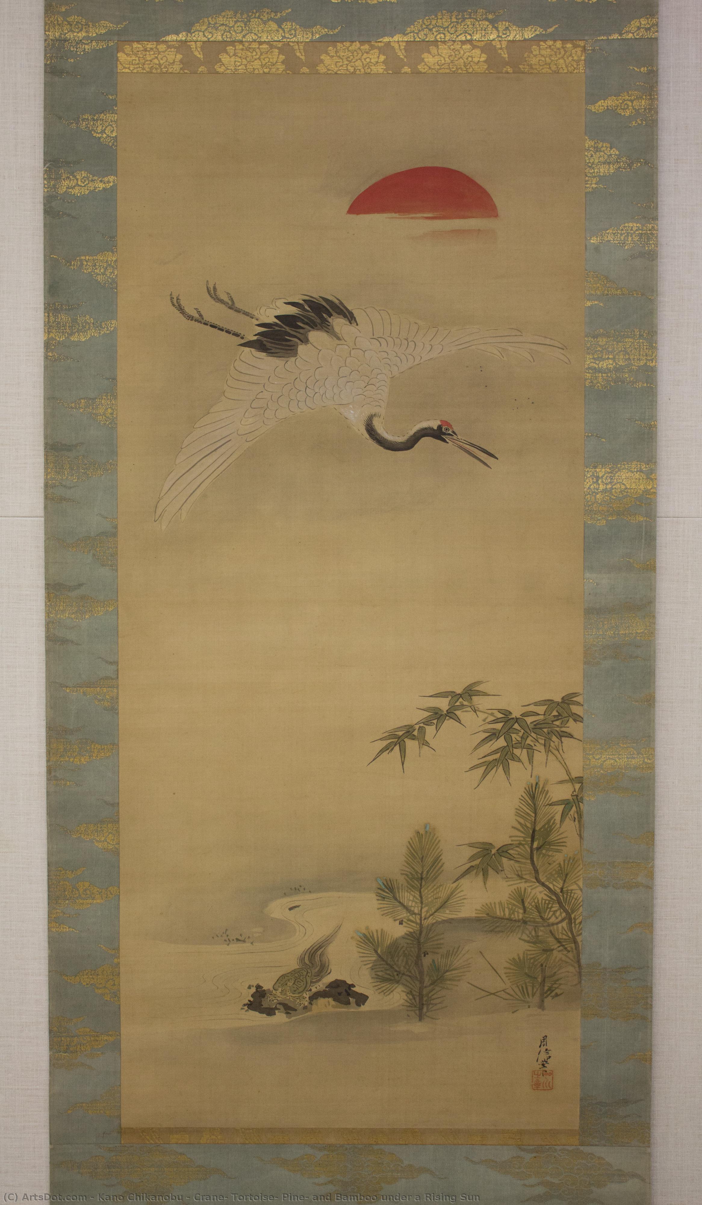 Crane, Tortoise, Pine, And Bamboo Under A Rising Sun — Kano Chikanobu