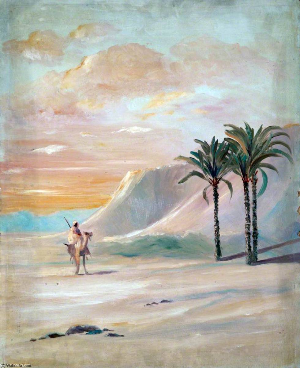 Mountainous Desert Landscape With A Camel Rider And Palm Trees — Caroline Emily Gray Hill