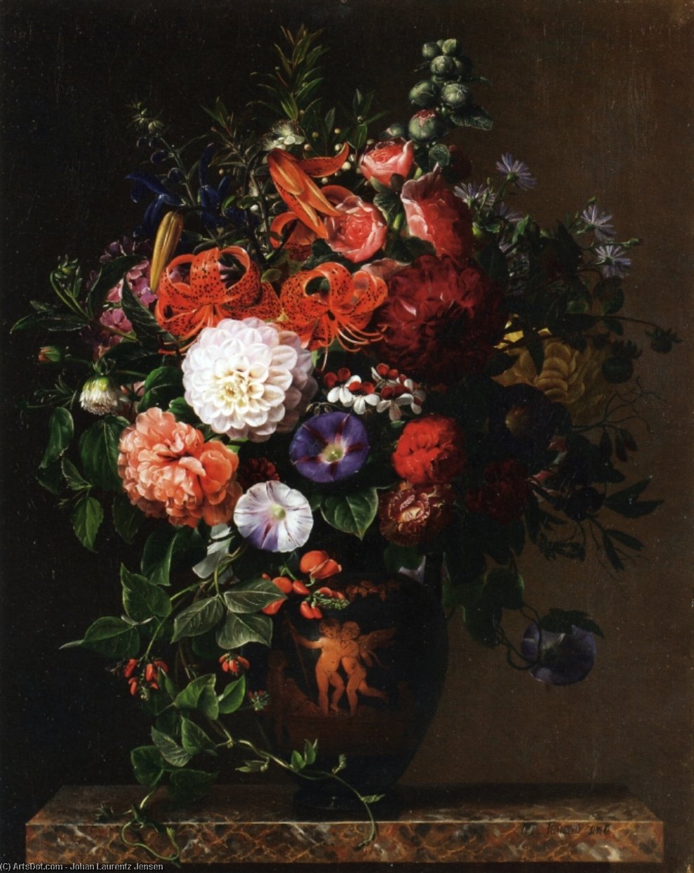 Lilies, Peonies, Violets And Roses In A Greek Figure Vase On A Marble Pedestal — Johan Laurentz Jensen