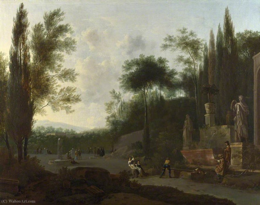 Figures In An Italian Garden With Fountains And Statuary — Frederick De Moucheron