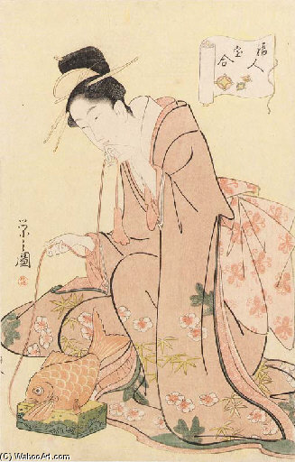A Beauty On A Yellow Background Holding The Cord Of A Model Of A Snapper — Chobunsai Eishi