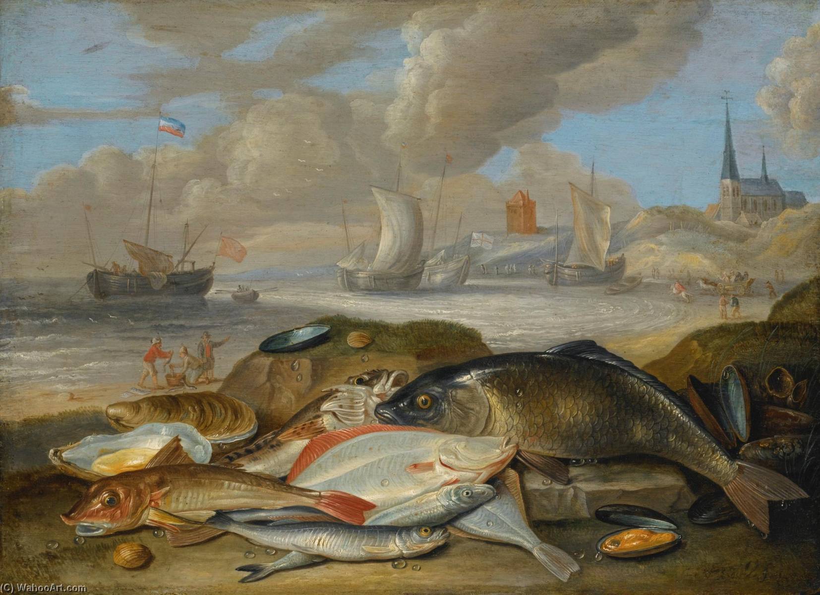 Still Life Of Fish In A Harbor Landscape, Possibly An Allegory Of The Element Of Water — Jan Van Kessel The Elder