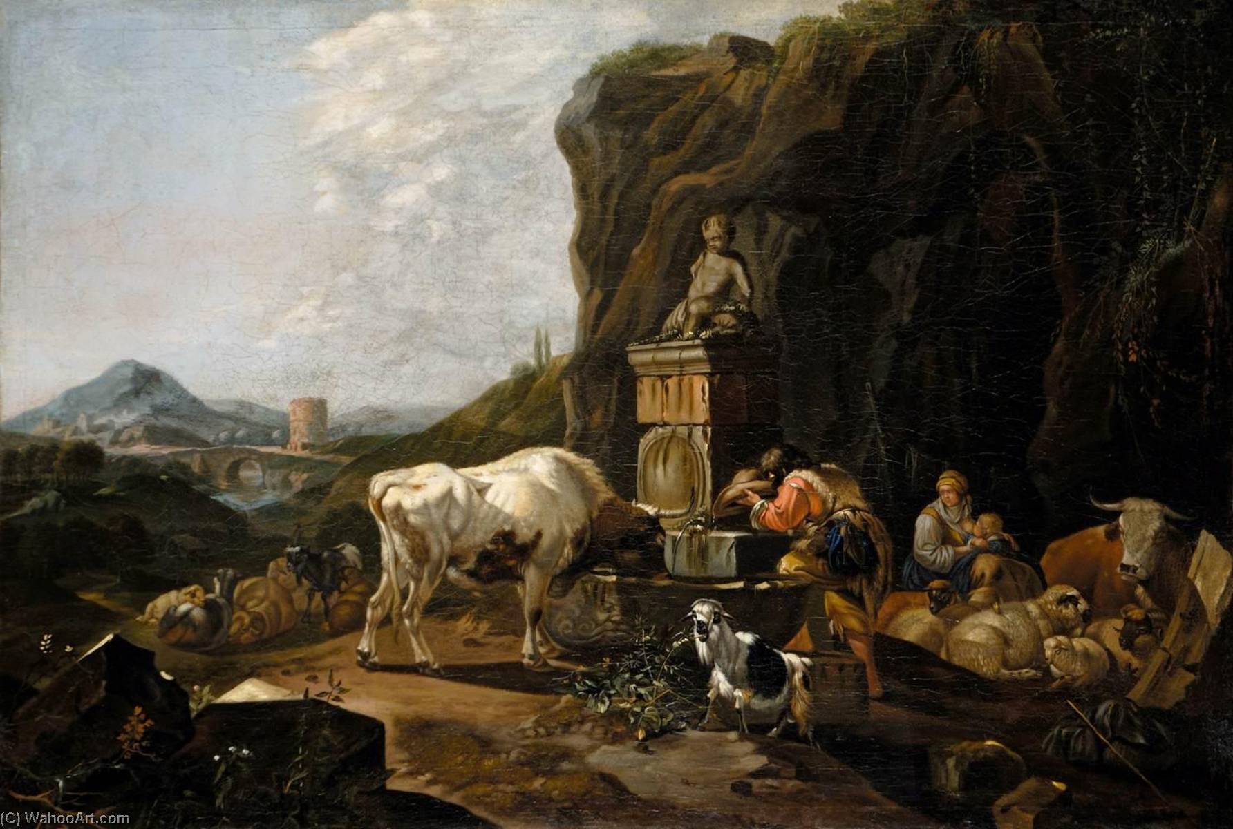 Cow And Shepherd At Well — Johann Heinrich Roos