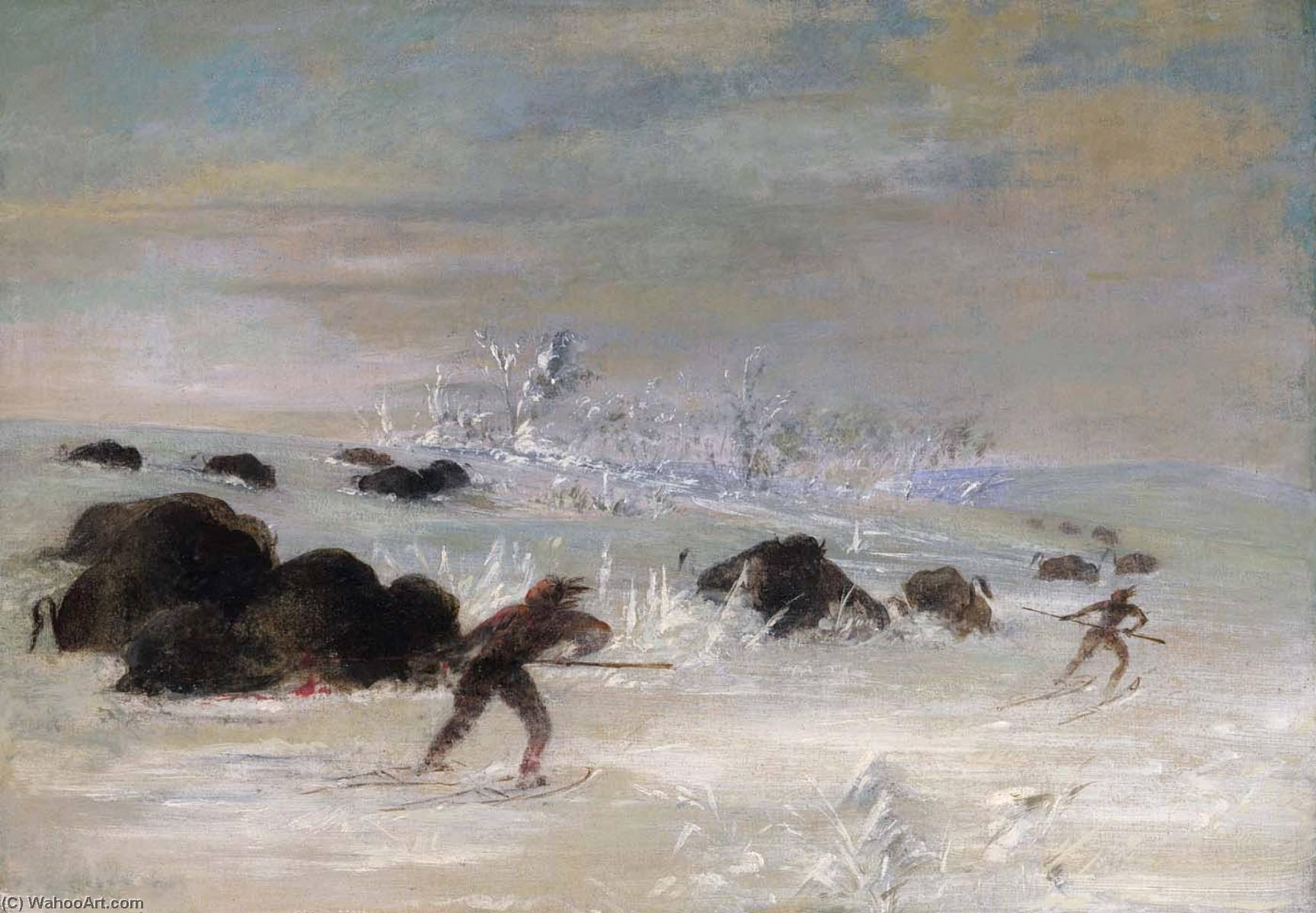 Assiniboine Indians Pursuing Buffalo On Snowshoes — George Catlin