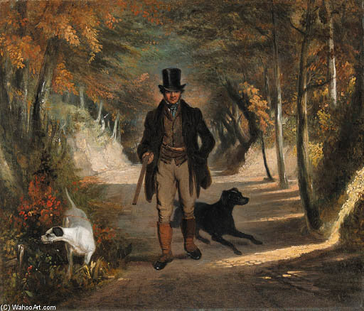 A Sportsman With Gundogs On A Woodland Path — James William Giles