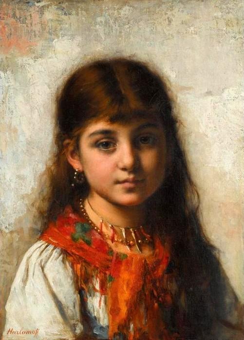 Girl With Coral Necklace And Shawl — Alexei Alexeievich Harlamoff
