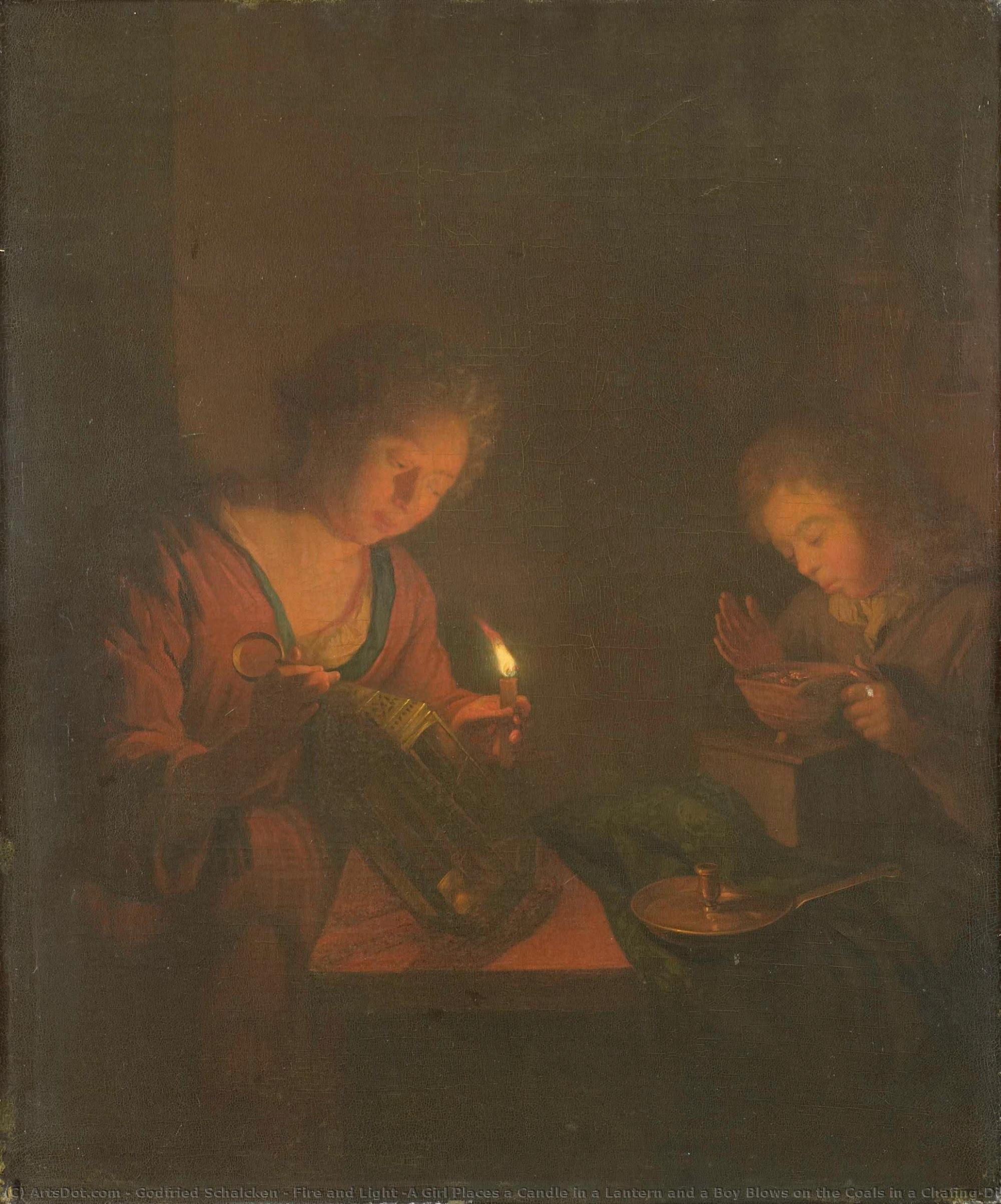 Fire And Light (a Girl Places A Candle In A Lantern And A Boy Blows On The Coals In A Chafing-dish), Godfried Schalcken (attributed To), 1690 - 1706 — Godfried Schalcken
