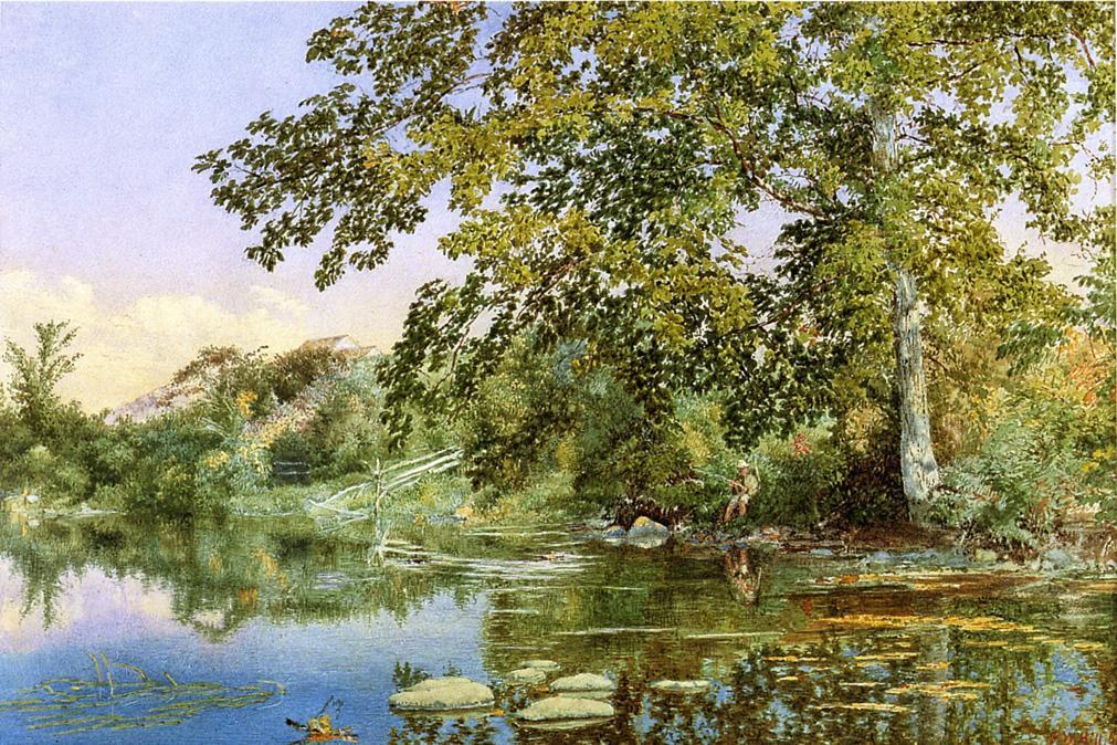 River Landscape With Boy Fishing — John William Hill