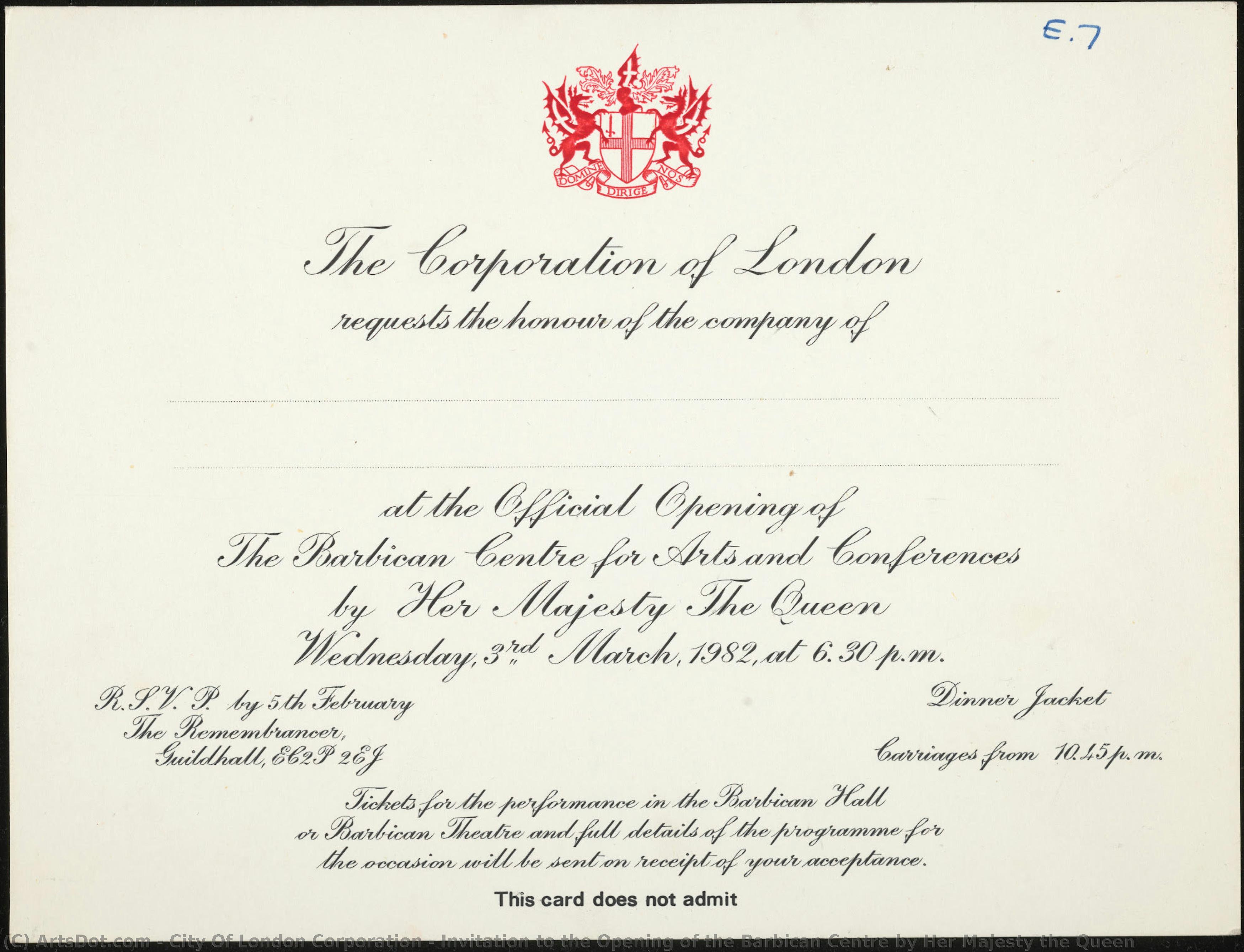 Invitation To The Opening Of The Barbican Centre By Her Majesty The Queen — City Of London Corporation