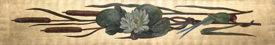 Waterlily, Parrot And Bullrushes On A Gold Background — Marianne North