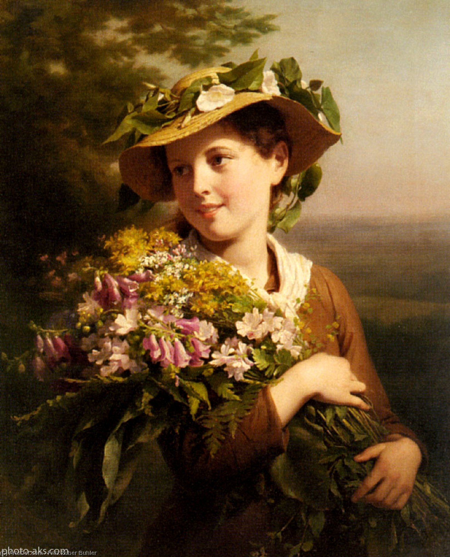 A Young Beauty Holding A Bouquet Of Flowers — Fritz Zuber-buhler