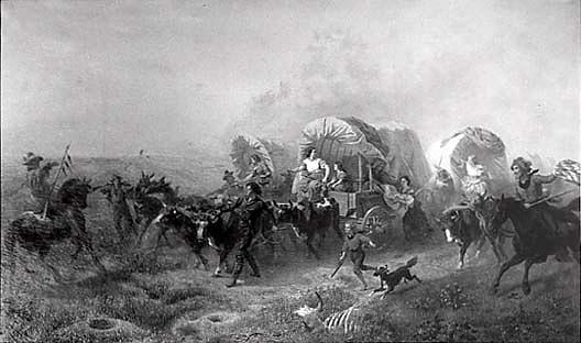 Indians Attacking A Wagon Train, (painting) — Emanuel Gottlieb Leutze