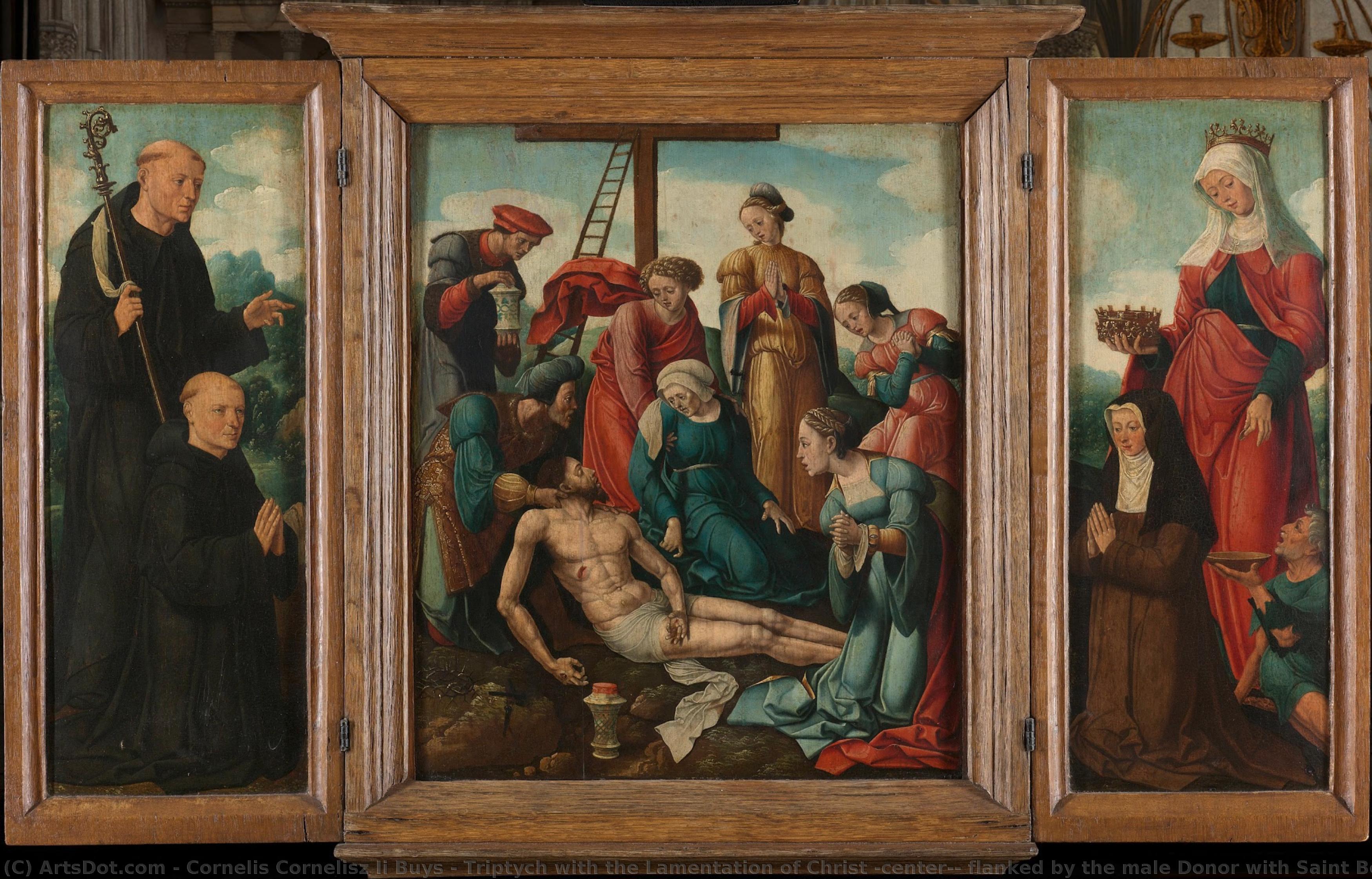 Triptych With The Lamentation Of Christ (center), Flanked By The Male Donor With Saint Benedict (left, Inner Wing) And Female Donor With Saint Elizabeth Of Thuringia (right, Inner Wing), Cornelis Cornelisz Ii Buys (attributed To), C. 1540 - C. 1545 — Cornelis Cornelisz Ii Buys