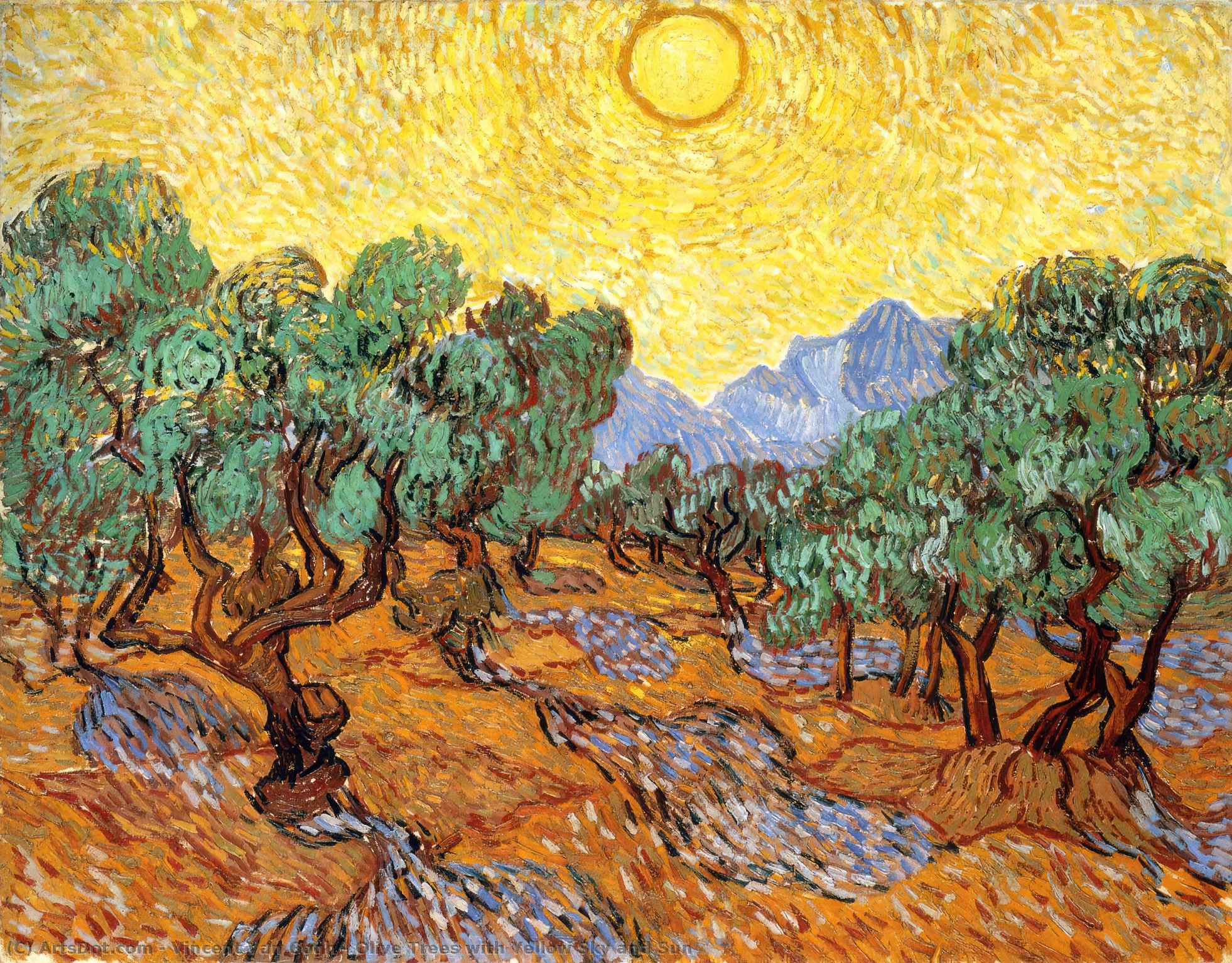 Olivenbäume Mit Gelbem Himmel Und Sonne — Vincent Willem Van Gogh