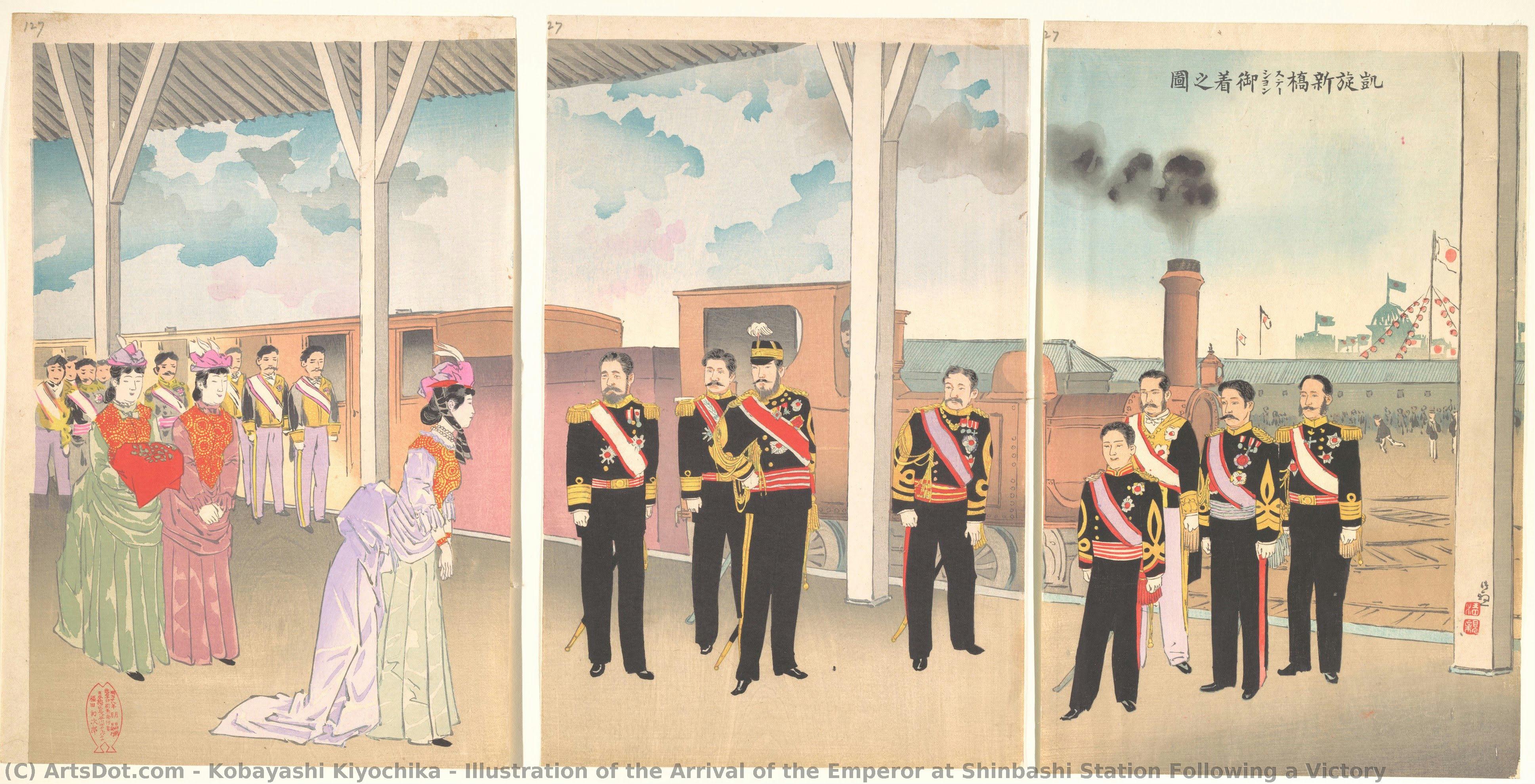 Illustration Of The Arrival Of The Emperor At Shinbashi Station Following A Victory — Kobayashi Kiyochika