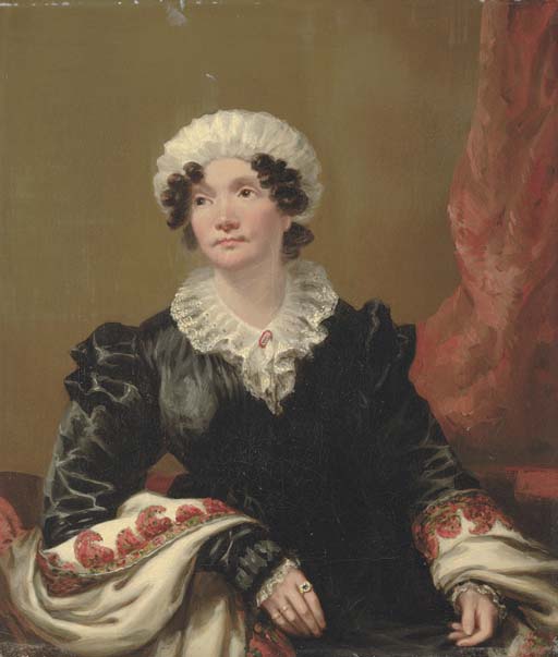Portrait Of A Lady, Small Half-length, Seated, In A Black Dress With Shawl And White Mob Cap — Andrew Geddes