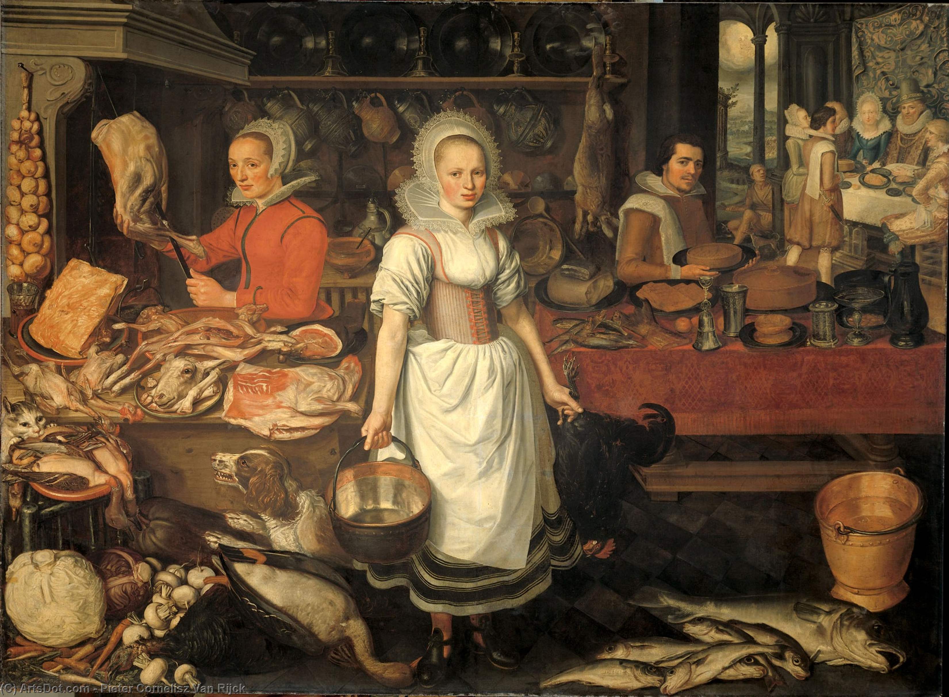 Kitchen Interior With The Parable Of The Rich Man And The Poor Lazarus. — Pieter Cornelisz Van Rijck
