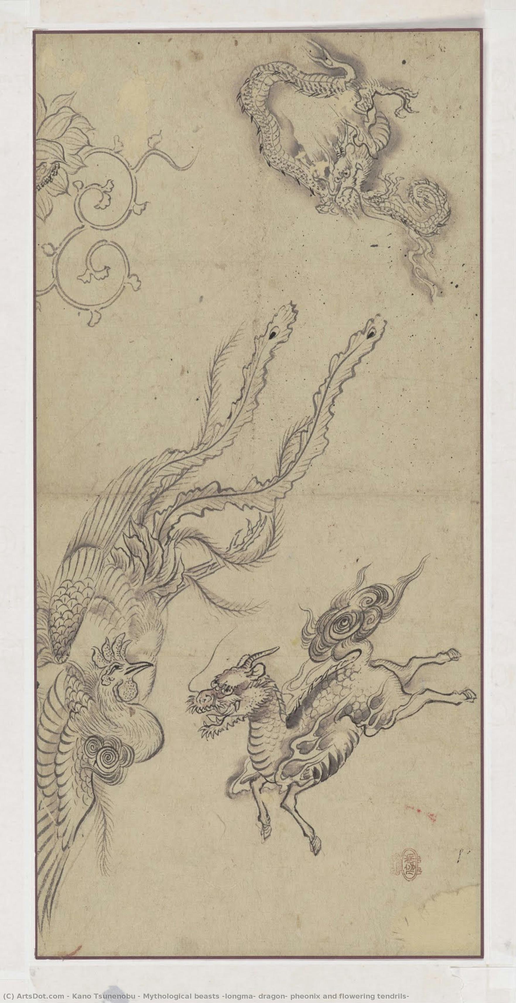 Mythological Beasts (longma, Dragon, Pheonix And Flowering Tendrils) — Kano Tsunenobu