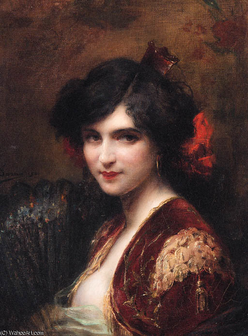 Portrait Of A Spanish Lady Bust Length Wearing A Red Jacket With Gold Brocade Holding A Fan — Adrien Henri Tanoux