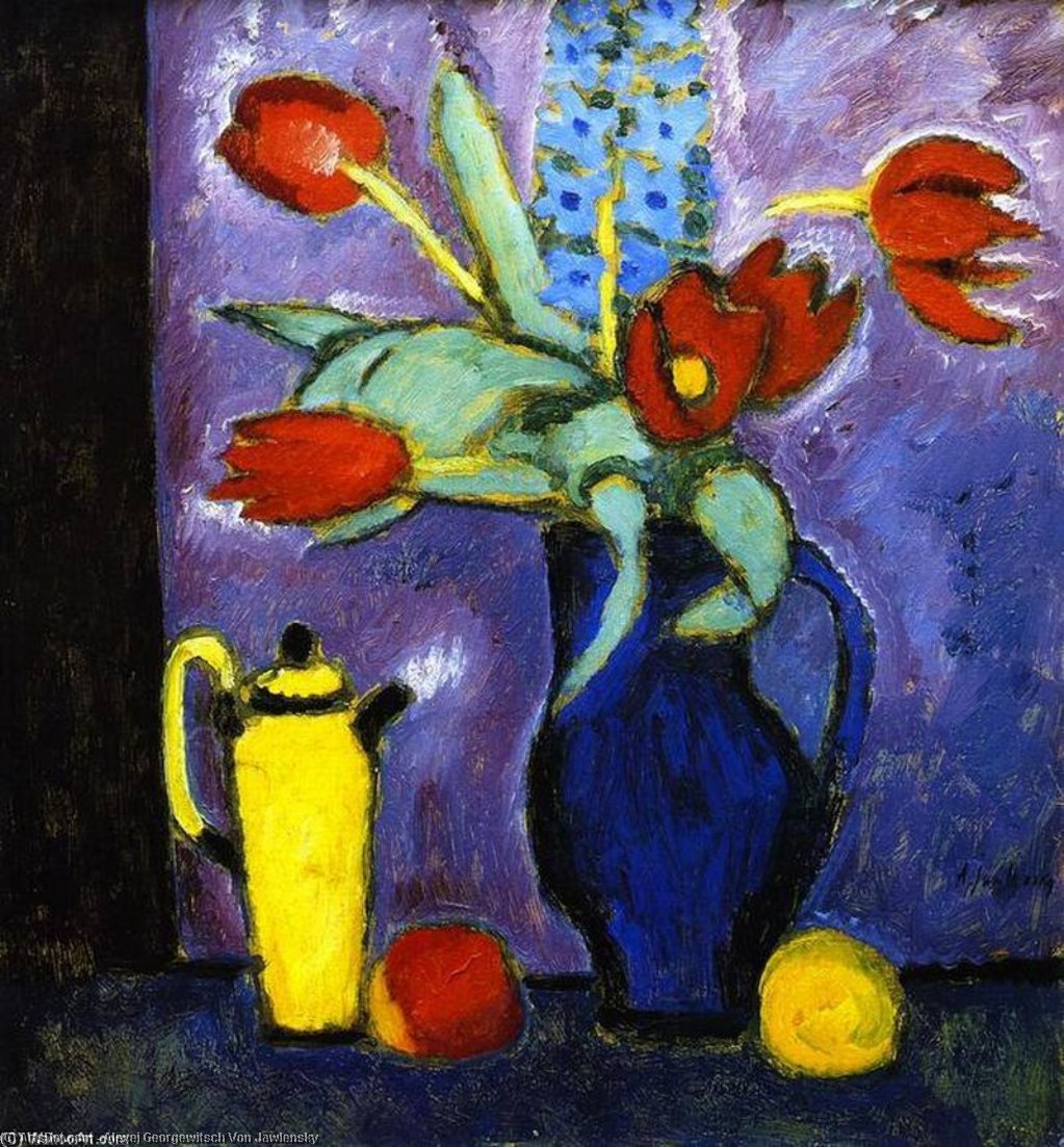 Still Life With Tulips, Blue Jug, Yellow Coffee Pot — Alexej Von Jawlensky