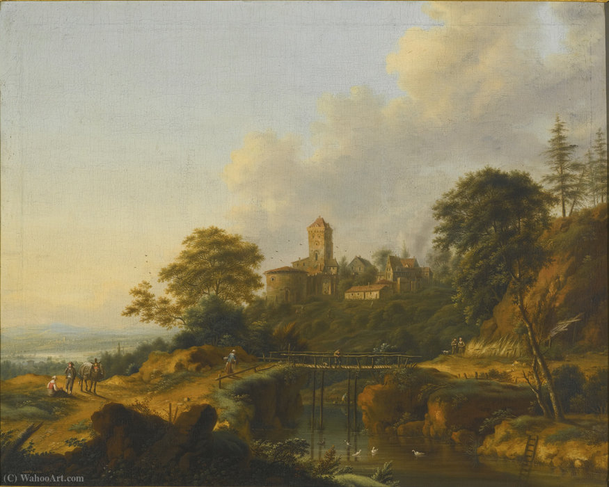 River Landscape With Travellers Crossing A Bridge, A Town Beyond — Johann Christian Vollerdt Or Vollaert