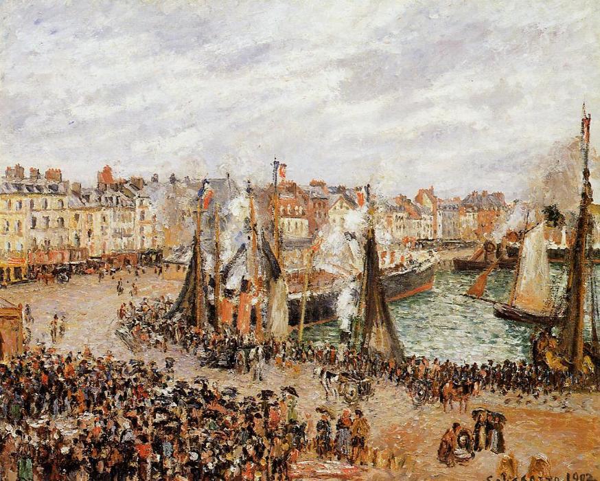 Der Fischmarkt, Dieppe: Graues Wetter, Morgen — Camille Pissarro
