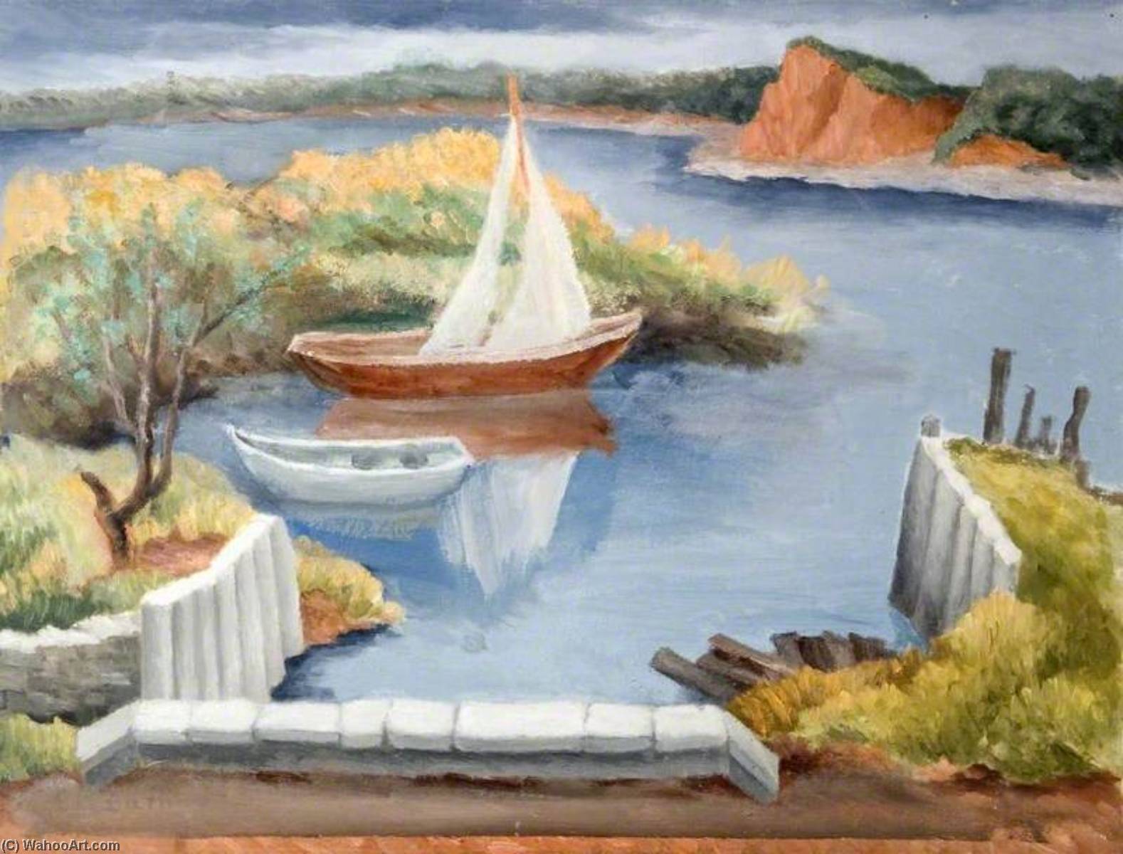 Coastal Scene With Sailing Boats — Elsie Barling
