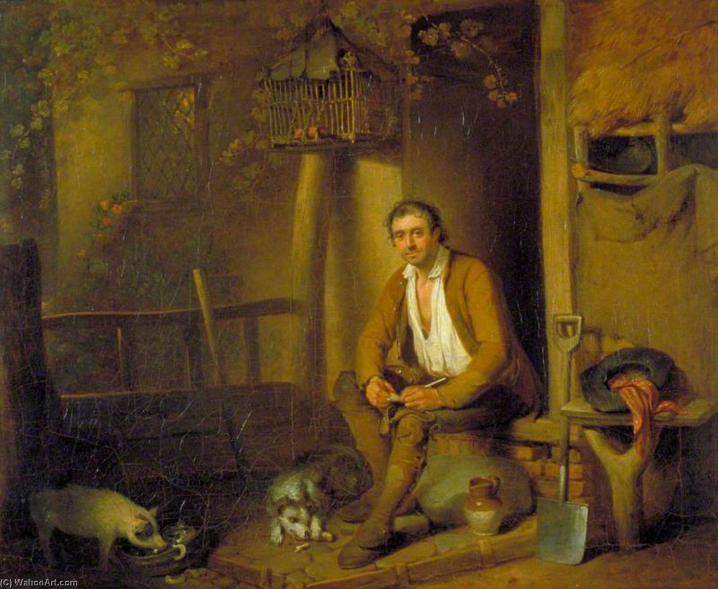 A Cottage Exterior A Seated Labourer Filling His Pipe — William Redmore Bigg