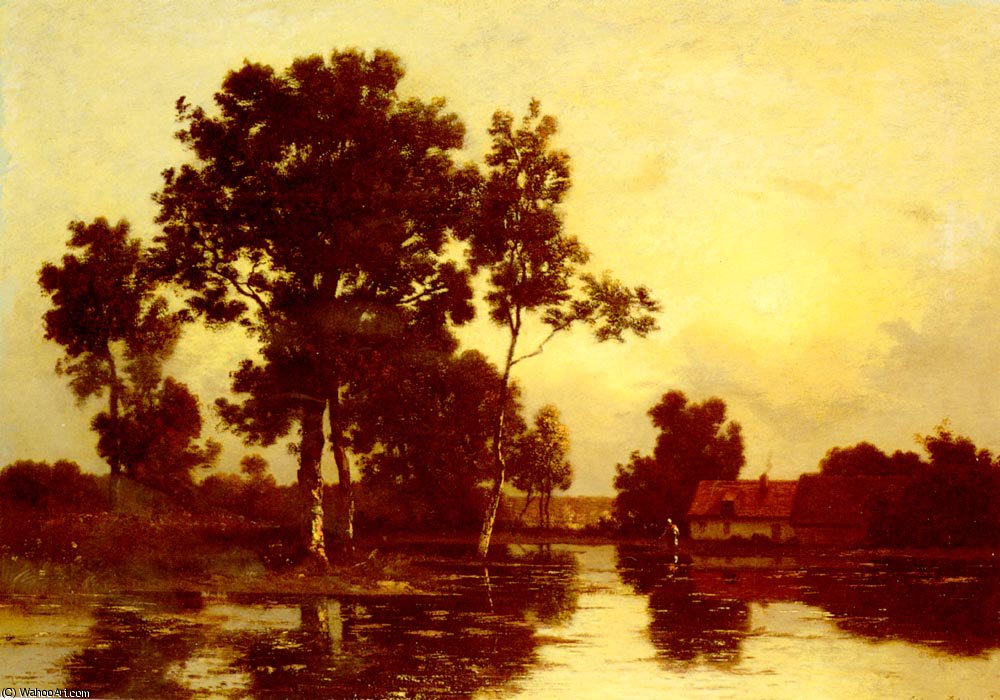 Paysage De Riviere Au Crepuscule — Leon Richet