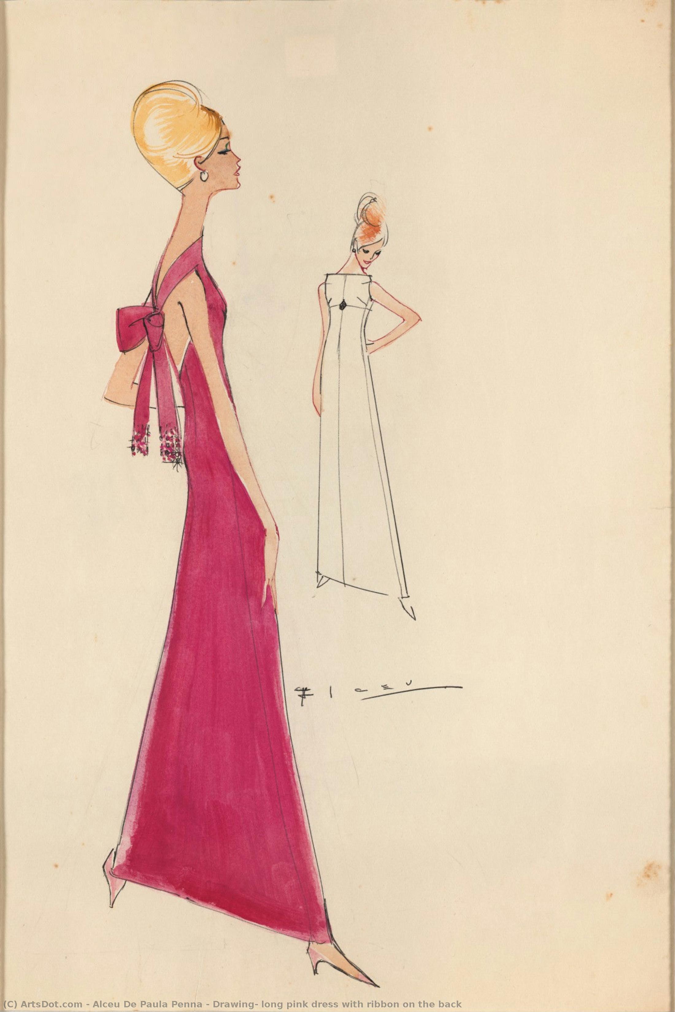 Drawing, Long Pink Dress With Ribbon On The Back — Alceu De Paula Penna